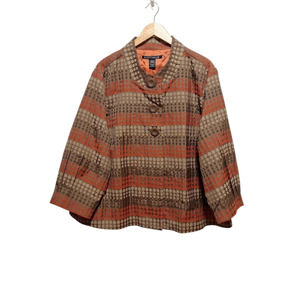 Scott Taylor Womens 3X Button Up Blazer Jacket Brown Orange Tan Pleated Slvs